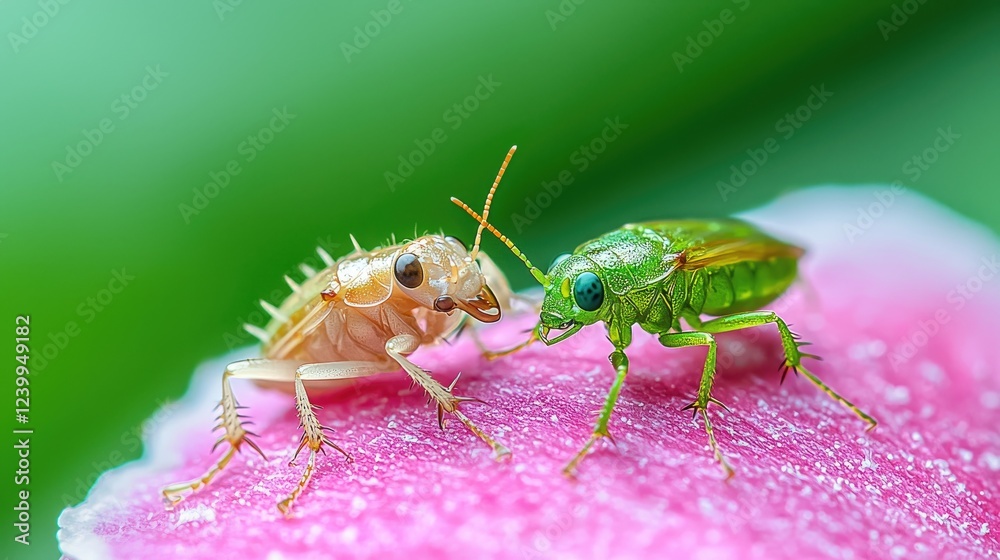 Two insects face-off on pink petal, green background, nature macro Two insects face-off on pink petal, green background, nature macro