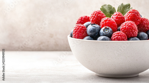 Fresh raspberries and blueberries in bowl, perfect for healthy snacking