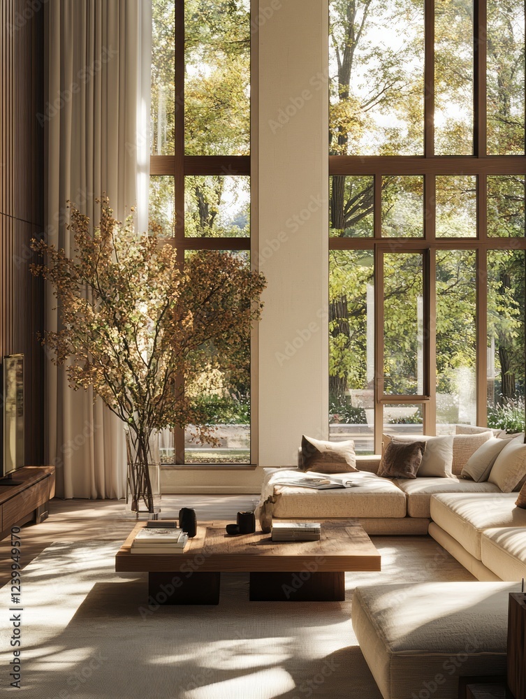 Fototapeta premium Sunlit Modern Living Room With Large Windows and Sectional Sofa