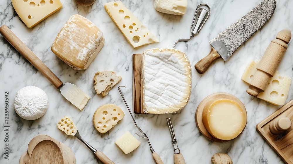 Fototapeta premium top view collection set A variety of cheeses arranged on a marble surface with cutting tools and utensils.