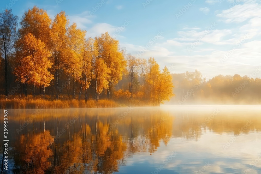 misty autumn lakeside landscape with golden trees at sunset misty autumn lakeside landscape with golden trees at sunset