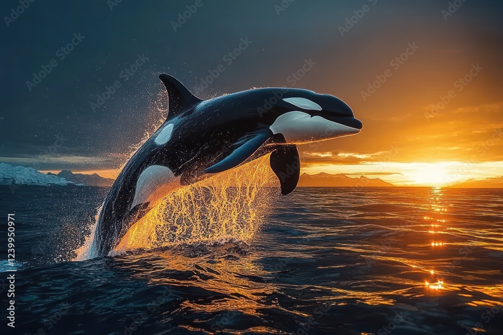 Fototapeta premium Orca Breaching at Sunset with Vibrant Colors and Dramatic Lighting in Norway Fjord