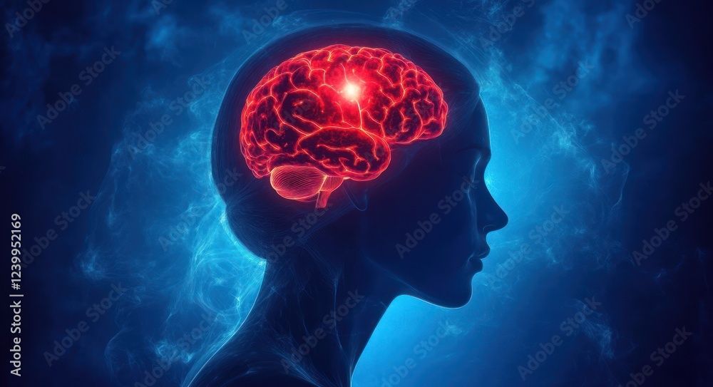 Fototapeta premium Surreal Human Silhouette with Glowing Brain Neural Connections Dreamy Ethereal Illustration