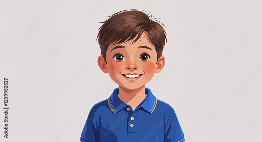 Portrait kid Hispanic boy smiling short brown hair blue polo shirt on plain white background illustration Portrait kid Hispanic boy smiling short brown hair blue polo shirt on plain white background illustration