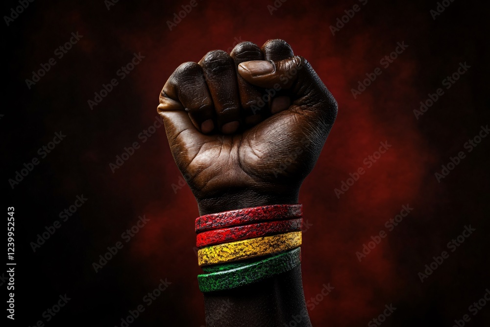 A powerful fist raised in defiance, adorned with colorful wristbands, ideal for Black History Month, unity events, and empowerment campaigns.