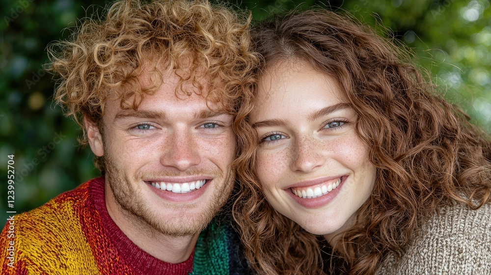 Fototapeta premium Happy young couple portrait, outdoor park, smiling, romance
