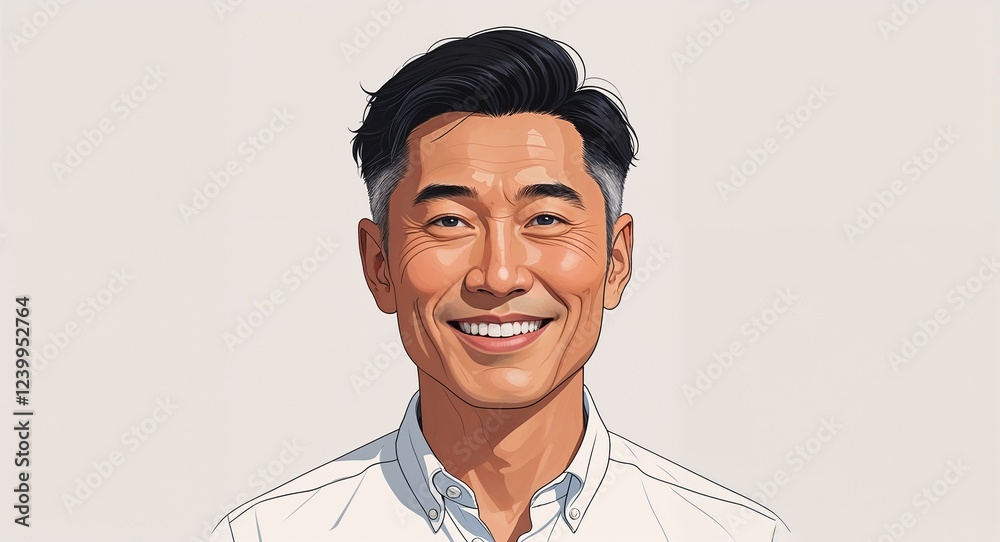 Portrait mature Asian man smiling short black hair white button up on plain white background illustration Portrait mature Asian man smiling short black hair white button up on plain white background illustration