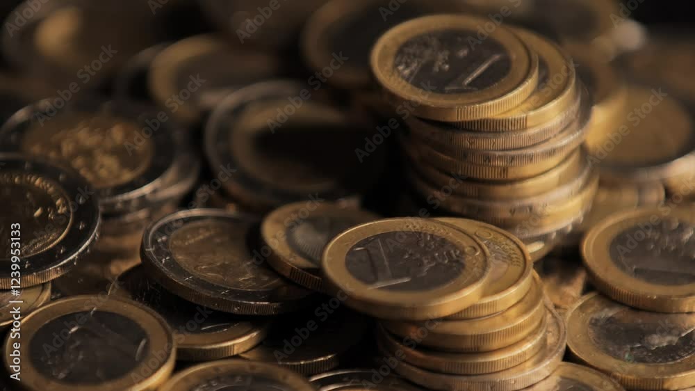 Rotating pan shot of bunch of euro coins. Closeup view. Rotating pan shot of bunch of euro coins. Closeup view.