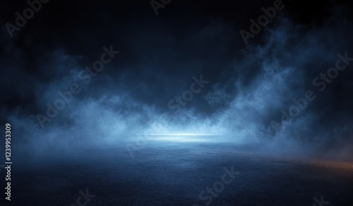 Abstract Minimalist Black Background with Soft Blue Light Fog and Dark Night Asphalt