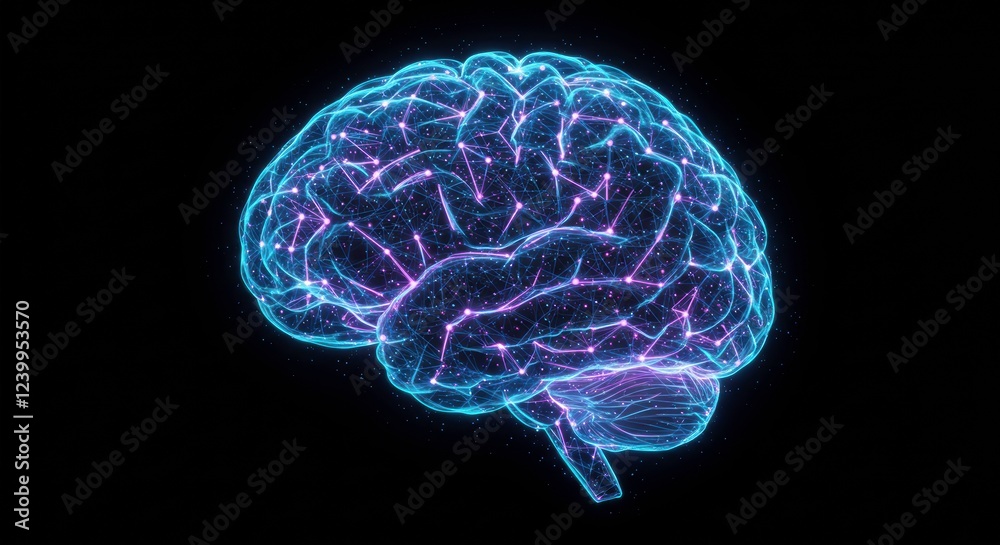 Neural Network Brain: A mesmerizing digital rendering of a human brain, its intricate neural pathways glowing with vibrant blue and purple hues against a stark black background. Neural Network Brain: A mesmerizing digital rendering of a human brain, its intricate neural pathways glowing with vibrant blue and purple hues against a stark black background.