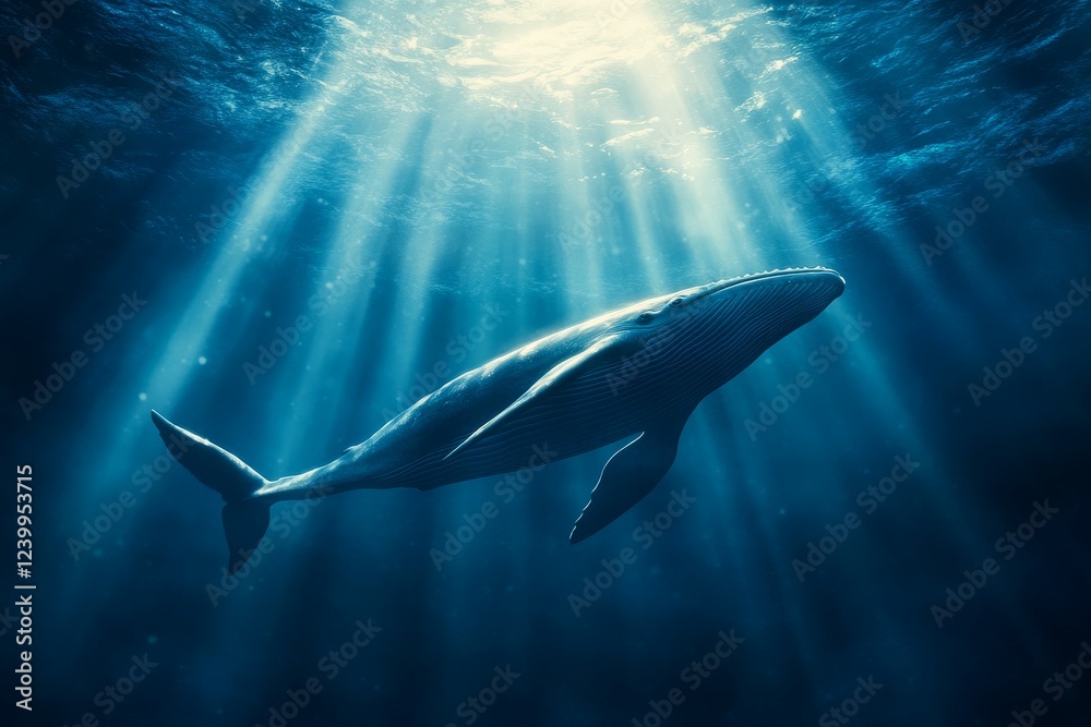 Whale Swimming Gracefully Underwater with Sunlight Rays Whale Swimming Gracefully Underwater with Sunlight Rays