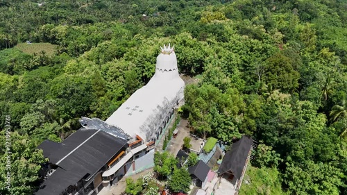 Aerial view of a white dove-shaped building in the middle of dense green trees. Chicken Church or 