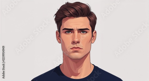 Portrait young Caucasian man serious short brown hair navy t shirt on plain white background illustration