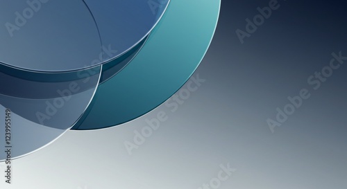 A modern abstract composition featuring overlapping translucent glass-like circles in shades of blue and teal, set against a smooth gradient background.