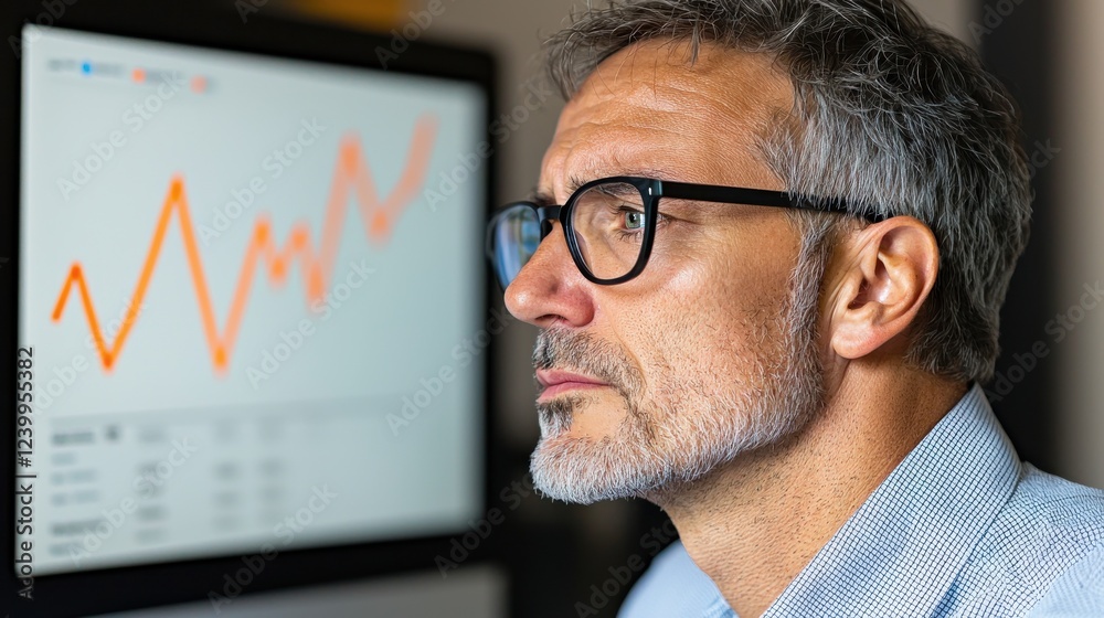 Analyzing rising graph business owner's stressful office scene Analyzing rising graph business owner's stressful office scene
