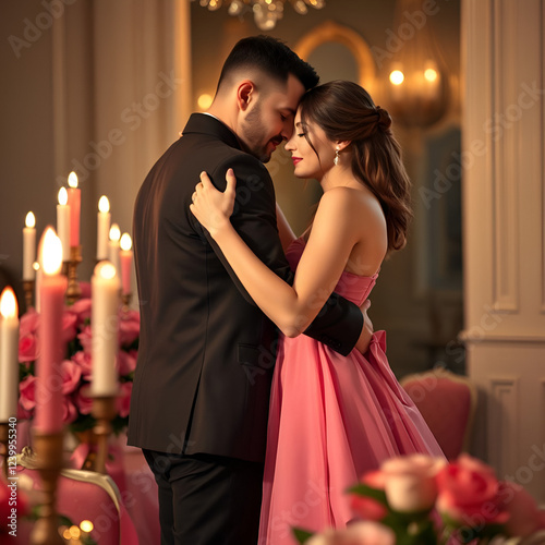 A man in a jacket and a woman in a pink dress are dancing hugging. Candles and luxury roses. Cropped view of a romantic evening, Valentine's Day 14, Engagement, prelude to the night of love. photo