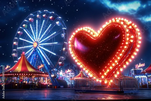 Luminous Heart Shaped Sign at a Night Amusement Park