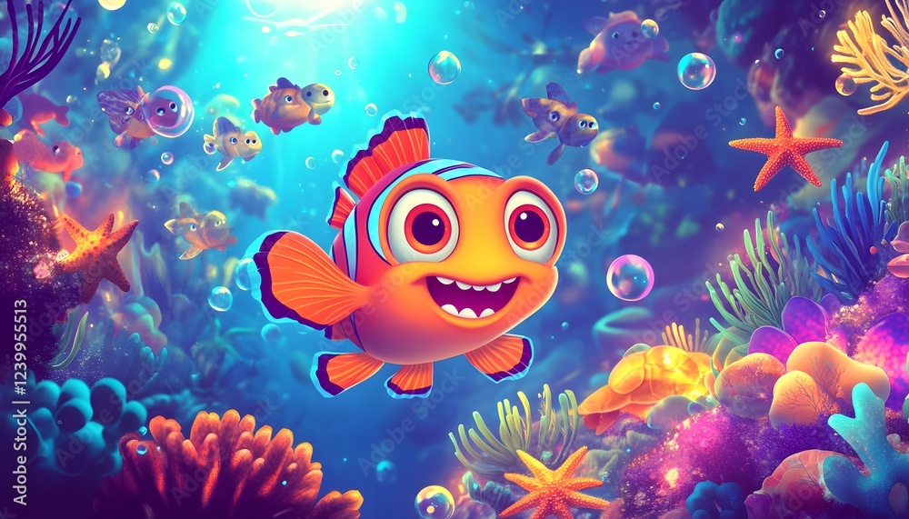 Obraz premium Happy Clownfish Swims in Vibrant Coral Reef