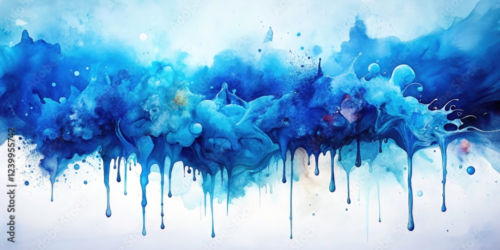 Fototapeta premium Abstract blue watercolor photography: a double exposure of dripping paint on white, resulting in a vibrant blue artistic backdrop.