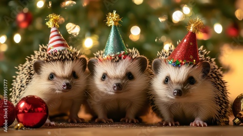 Three adorable hedgehogs in party hats sit in front of a Christmas tree.