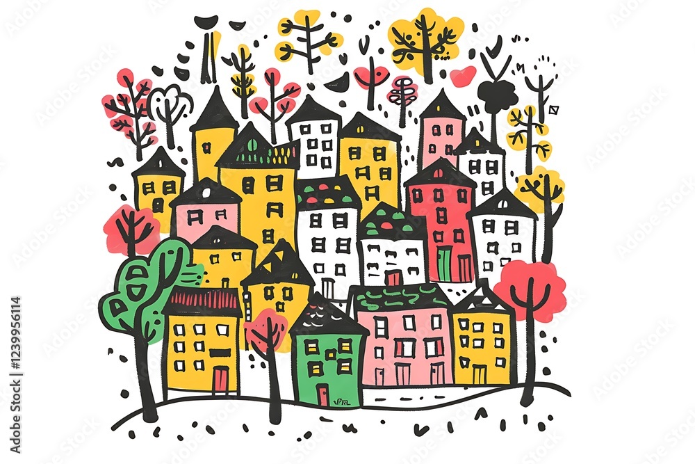 Fototapeta premium there is a drawing of a city with trees and buildings