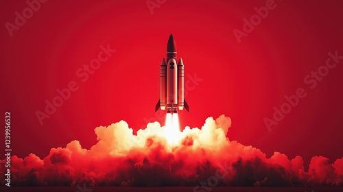 Rocket launching on a red background with copy space for text
