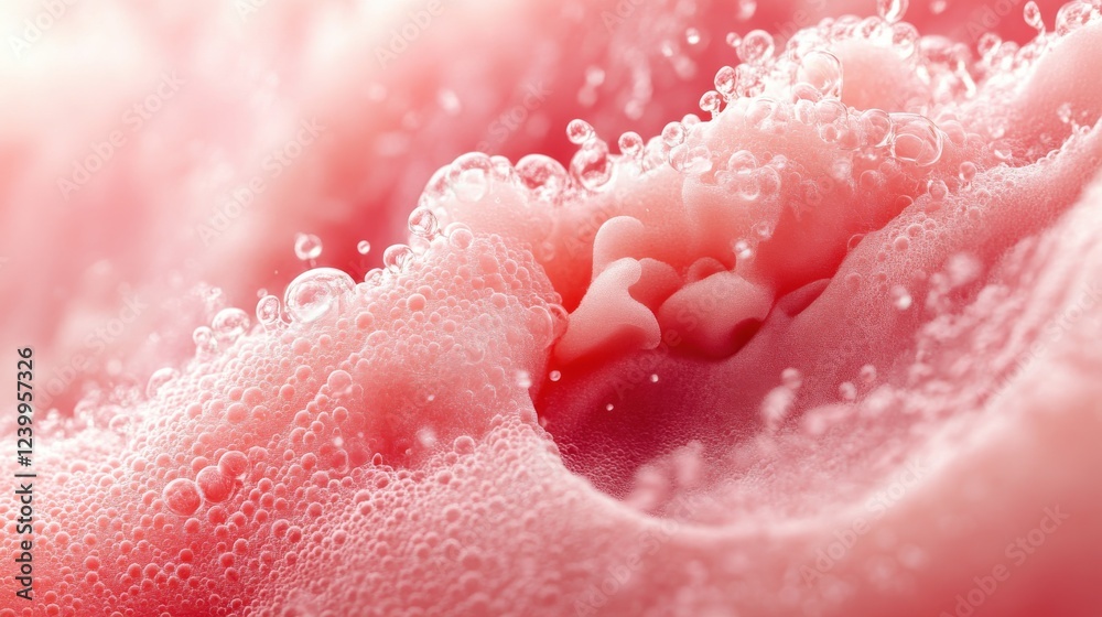 Fototapeta premium Abstract pink foam bubbles. Close-up texture of airy, bubbly substance.