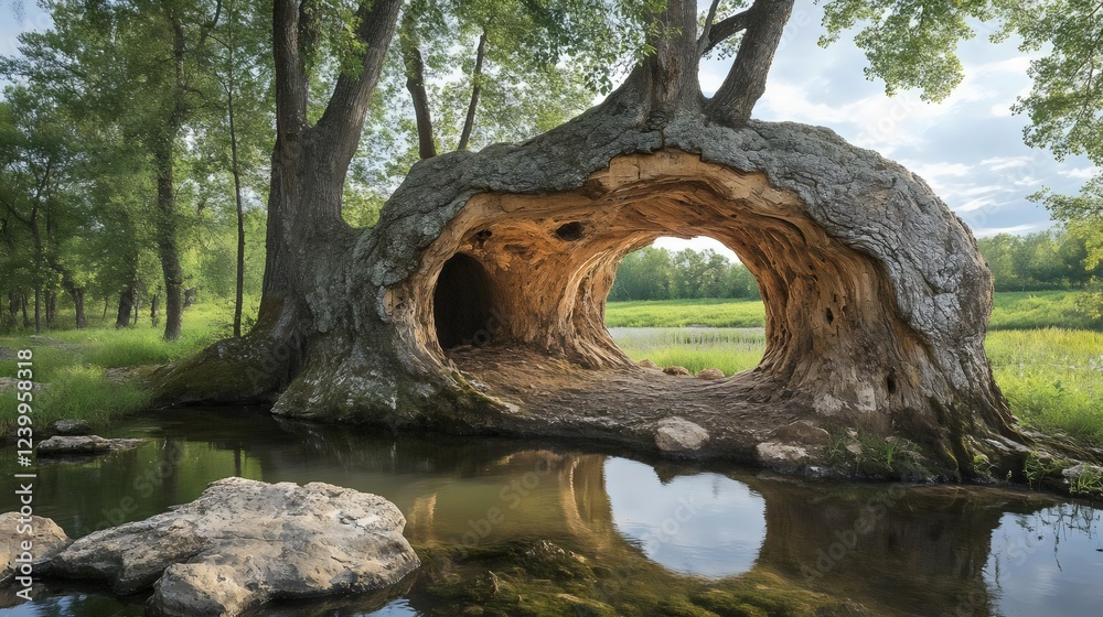 A large tree trunk with a hole in it sits in a field A large tree trunk with a hole in it sits in a field