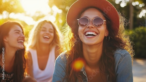 Best Friends Laughing Together Blowing Up Balloons in Sunlit Park