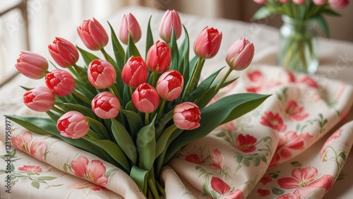 several pink and red tulips with green stems and leaves, elegantly placed on a sheer, pastel-colored fabric that adds a gentle, romantic touch..