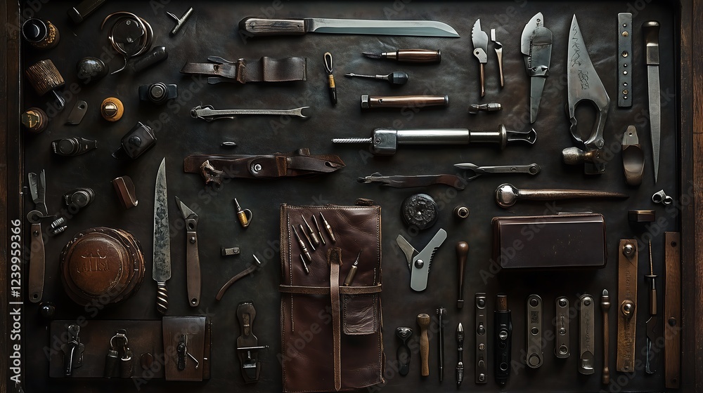 Fototapeta premium top view collection set An organized display of various vintage tools and equipment on a dark wooden surface.