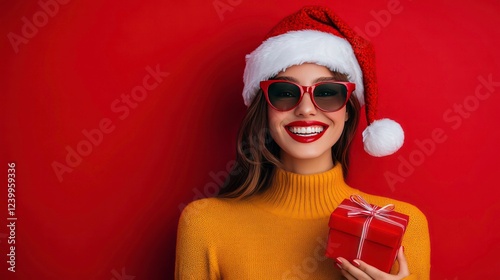 Happy woman in Santa hat and sunglasses holds Christmas gift against red background.