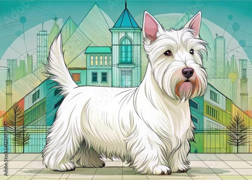 A stylish white Scottish Terrier portrait:  clean lines, architectural detail, perfect dog art print. photo