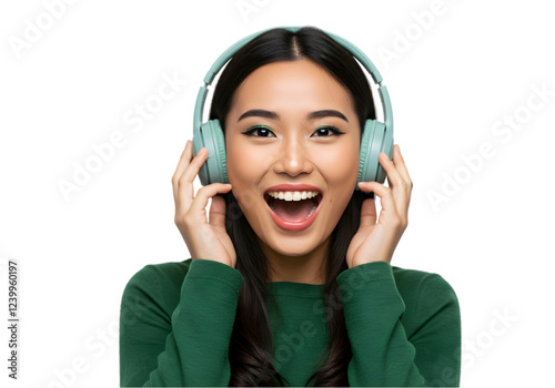 Asian girl wearing headphone and enjoying music isolated on transparent background, excited woman listening to music png