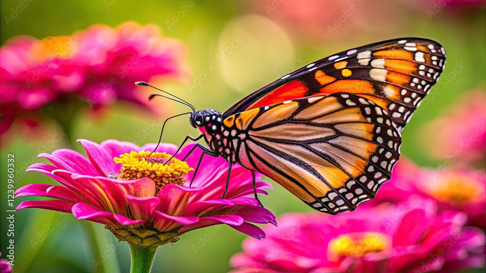 Fototapeta premium A vibrant pink zinnia hosts a majestic monarch butterfly in this stunning, high-resolution panoramic photo.