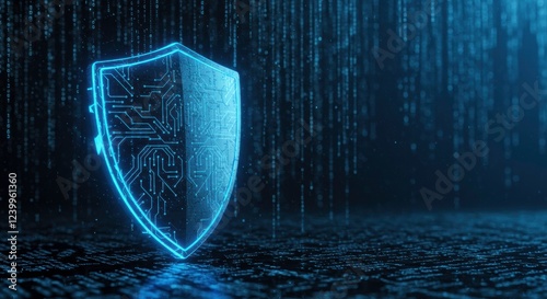 Digital Shield: A glowing, metallic shield with circuit board patterns, standing strong against a cascading backdrop of digital code.  This image evokes a sense of security, protection.