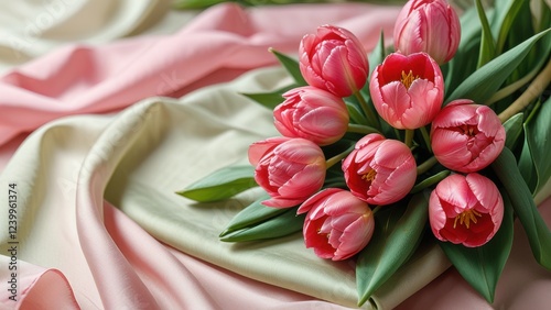 vibrant pink tulips with green stems, elegantly placed on a silky, translucent cloth.