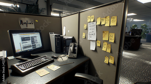 A cubicle with a computer, a phone, and a keyboard. generated using AI