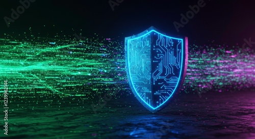 Cybersecurity Shield: A futuristic, glowing shield deflects a stream of digital particles, symbolizing robust data protection and online security.