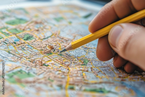 Human Hand Holding Pencil Over Cadastre Map, 
