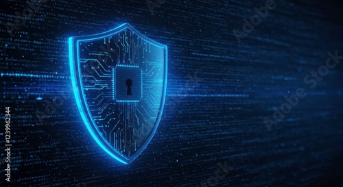Cybersecurity Shield: A futuristic glowing blue shield with a circuit board texture and a central padlock, set against a backdrop of digital binary code.