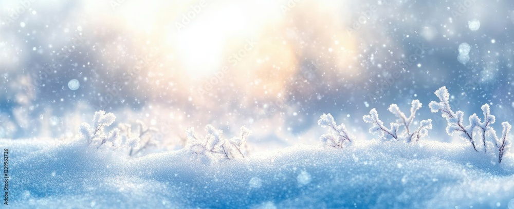 Winter Snowy Landscape with Frost Crystals and Gentle Sunlight - Serene Blue Winter Scene with Falling Snowflakes - Panorama for Christmas Season Winter Snowy Landscape with Frost Crystals and Gentle Sunlight - Serene Blue Winter Scene with Falling Snowflakes - Panorama for Christmas Season