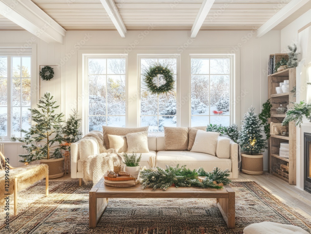 Fototapeta premium Cozy Winter Living Room Decorated For Christmas