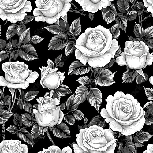 Seamless pattern of black and white roses with detailed leaves on dark background, creating classic and elegant floral design