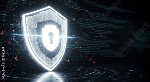Digital Shield: A luminous, futuristic shield with a keyhole, symbolizing digital security and protection, glows against a backdrop of intricate code, conveying a sense of impregnable defense.  
