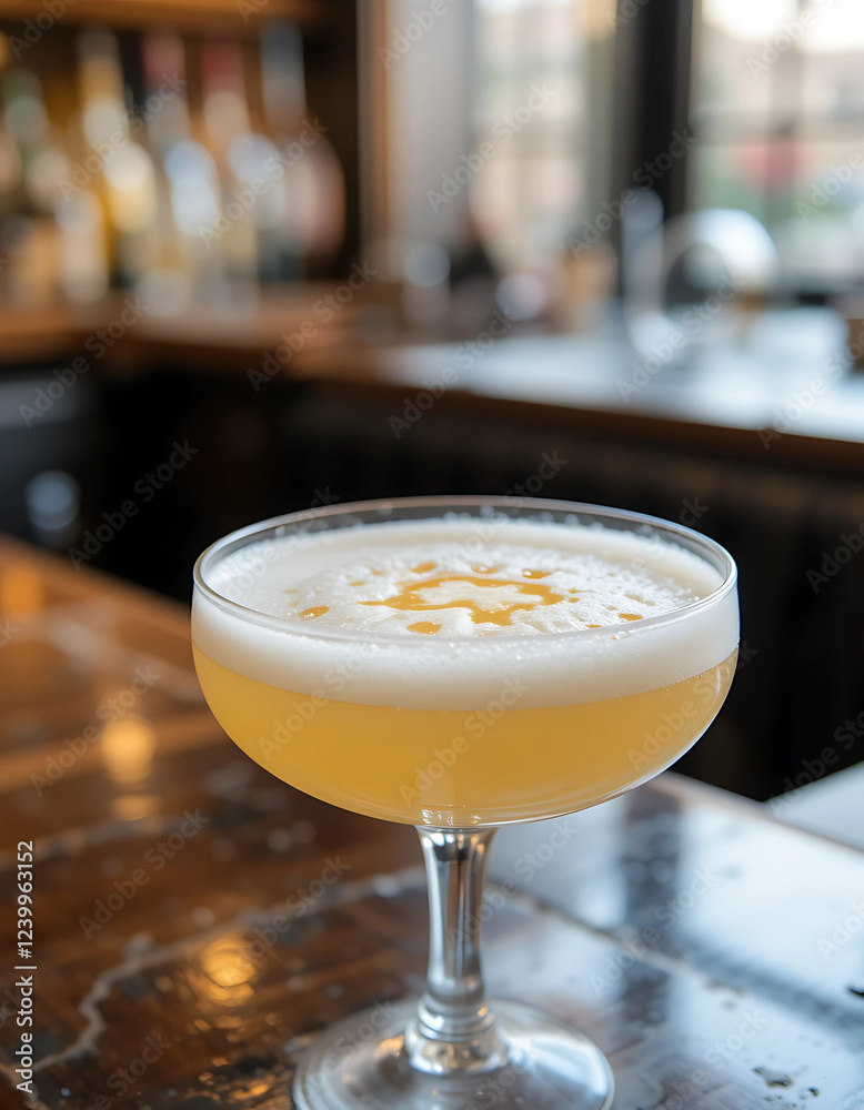 A frothy Pisco Sour in a coupe glass, with a few drops of Angostura bitters forming a delicate pattern on the foam. The drink is served in a stylish Peruvian cocktail bar.