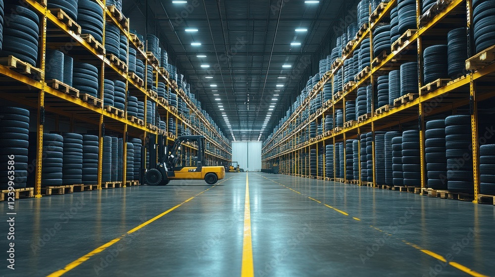 Fototapeta premium Warehouse interior with stacked tires and forklift.