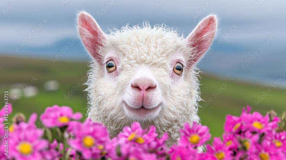 Fototapeta premium Happy lamb in pink flowers, hillside background, spring farm