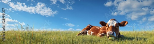 A cow lounging in a spacious pasture, chewing cud contentedly under a bright blue sky, rendered in photorealistic detail