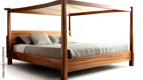 A wooden canopy bed with a white canopy. generated using AI
